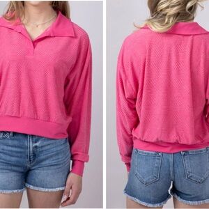 NWT Simply Southern Textured Hot Pink Slightly Cropped Long Sleeve Pullover XXL